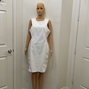 Calvin Klein Sz 12 Dress White Gold Zipper Scoop Neck Short Sleeve Midi Lined